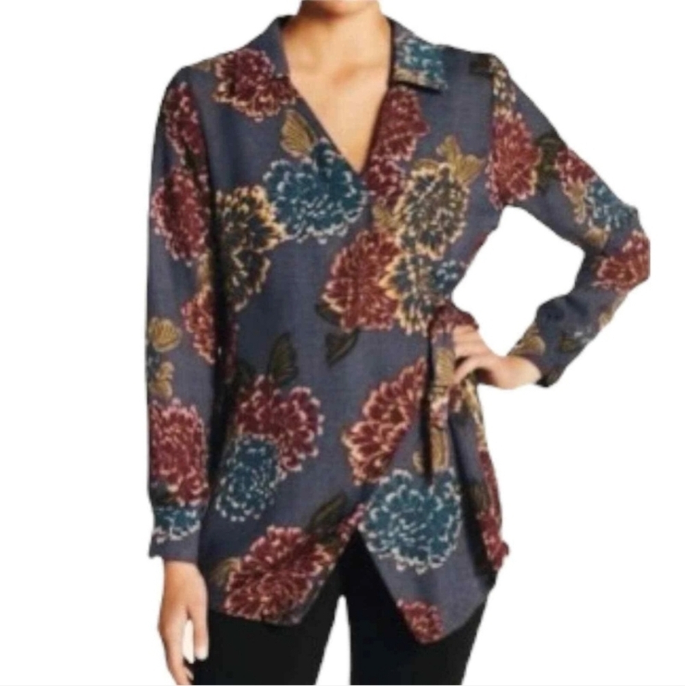 Emelia Floral Cottage Core Wrap Long Sleeve Blouse Sz Large Lightweight